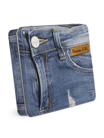 Denim-Box mit Jeans-Nähnadeln und Kunstleder-Labels