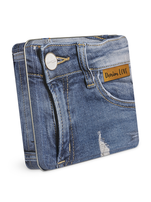 Denim-Box mit Jeans-Nähnadeln und Kunstleder-Labels