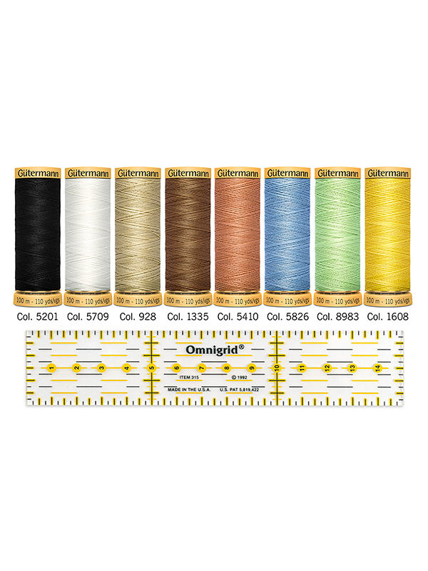 8 Spulen hochwertige, mercerisierte Baumwolle C Ne 50 100 m in bunten Farben
und ein Omnigrid® Universal-Lineal, 3 x 15 cm.